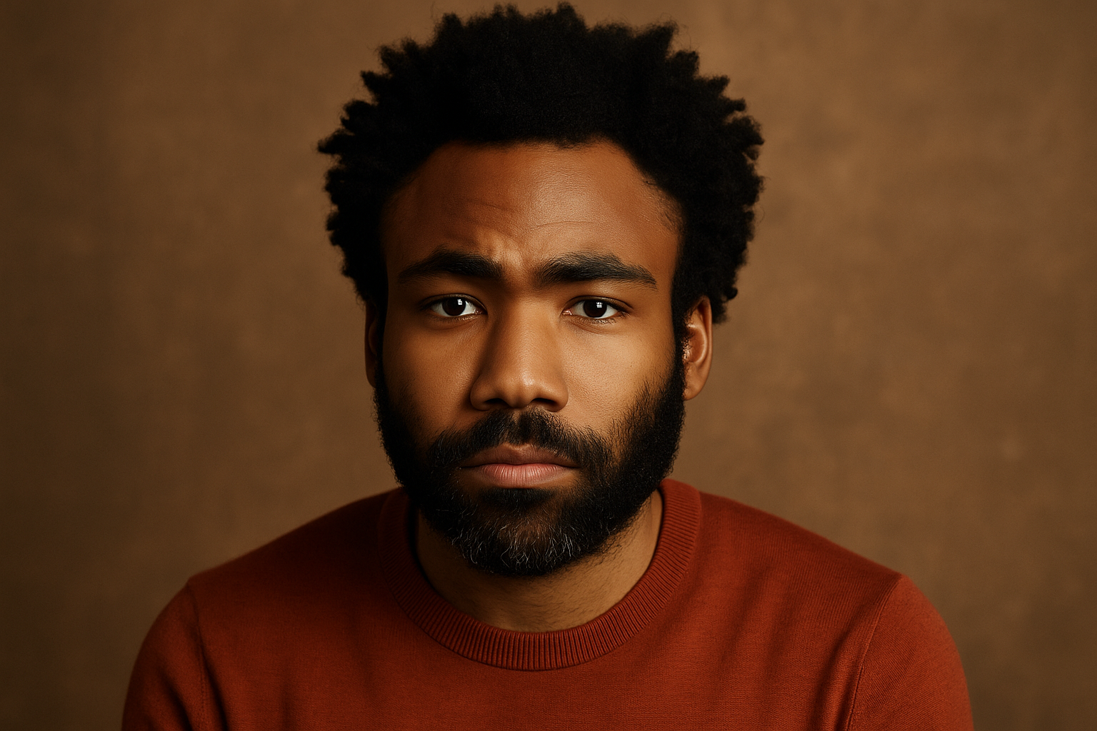 Portrait of Donald Glover wearing a rust-colored sweater against a warm brown background.