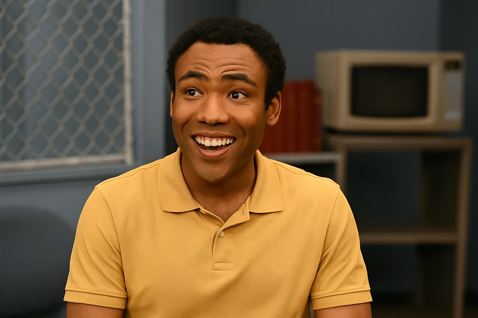 Donald Glover smiling in a comedic scene, showcasing his natural charm and humor in one of his television roles.