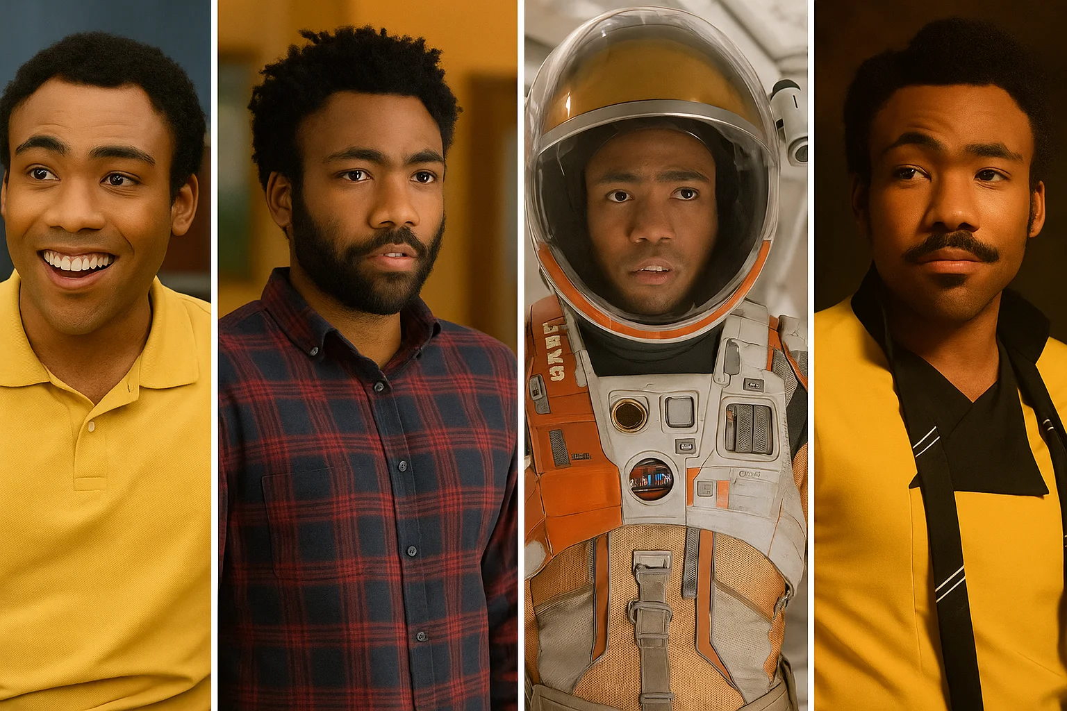 Donald Glover in four different iconic roles from his movies and TV shows, highlighting his impressive range and versatility as an actor.