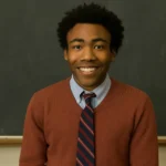 Text: Smiling young man in a classroom wearing a brown sweater, blue shirt, and striped tie in front of a chalkboard.