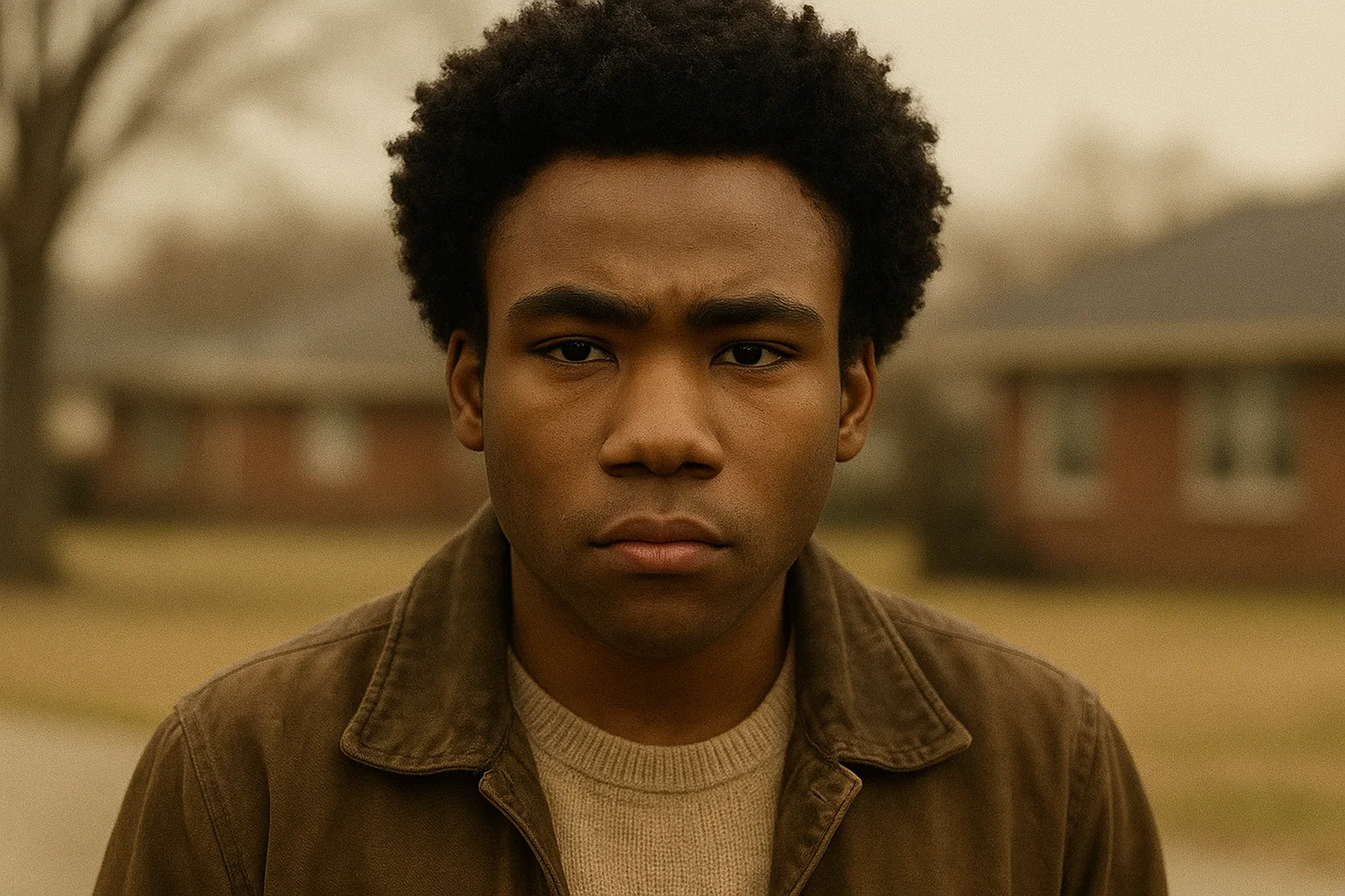 Donald Glover standing outdoors in a brown jacket, looking serious and thoughtful in a suburban setting.