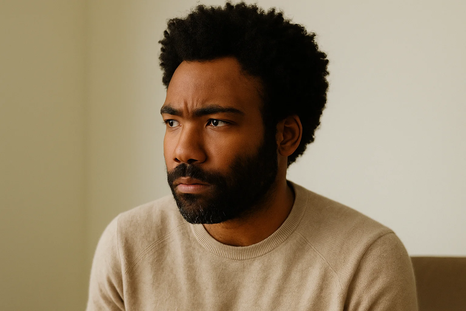 Donald Glover looking focused and contemplative while wearing a beige sweater in a softly lit room.