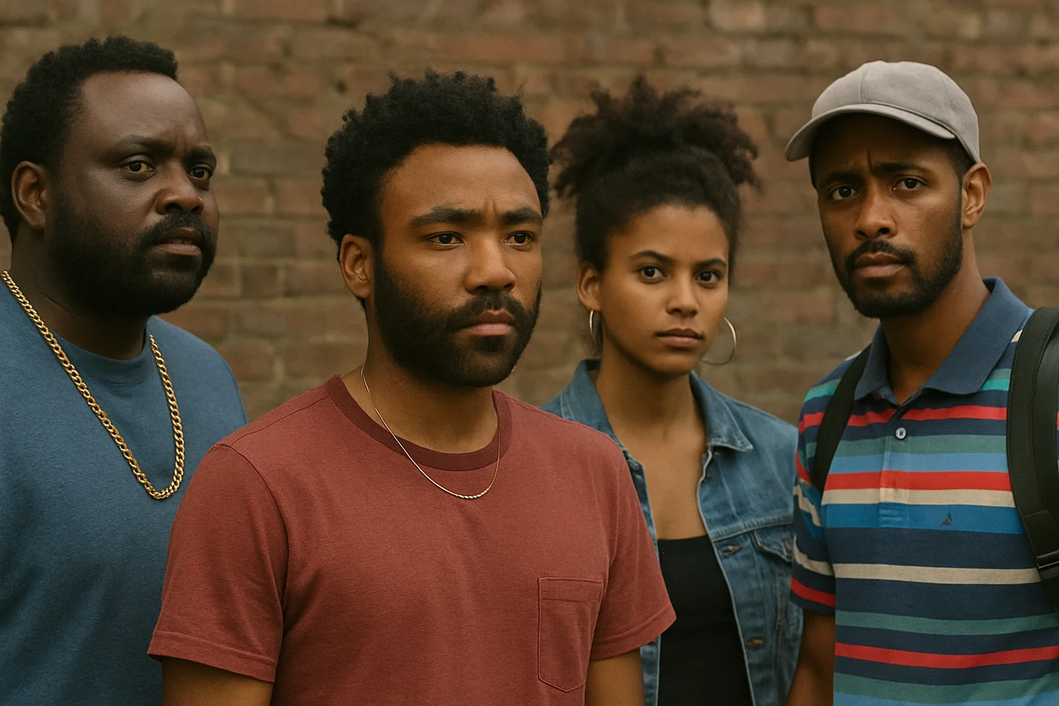 Donald Glover with cast members in a dramatic moment from the TV series, showcasing the show’s emotional depth and social commentary.