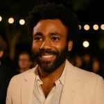 Smiling man in a beige suit attending an evening event with string lights and people in the background.
