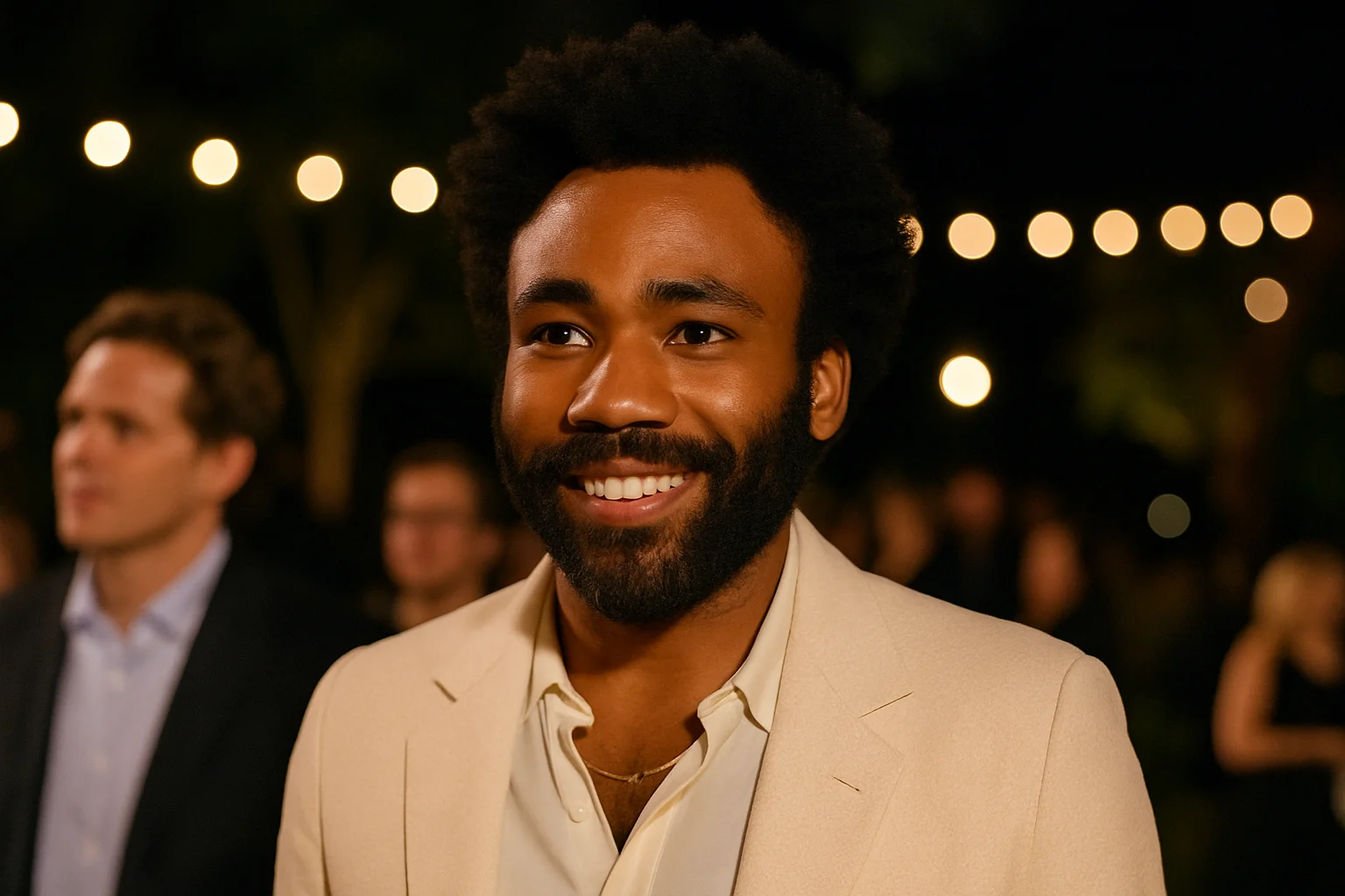 Smiling man in a beige suit attending an evening event with string lights and people in the background.