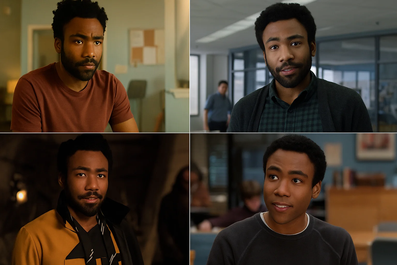 Donald Glover in multiple roles from his film and television career, showcasing his balance between leading and supporting performances.