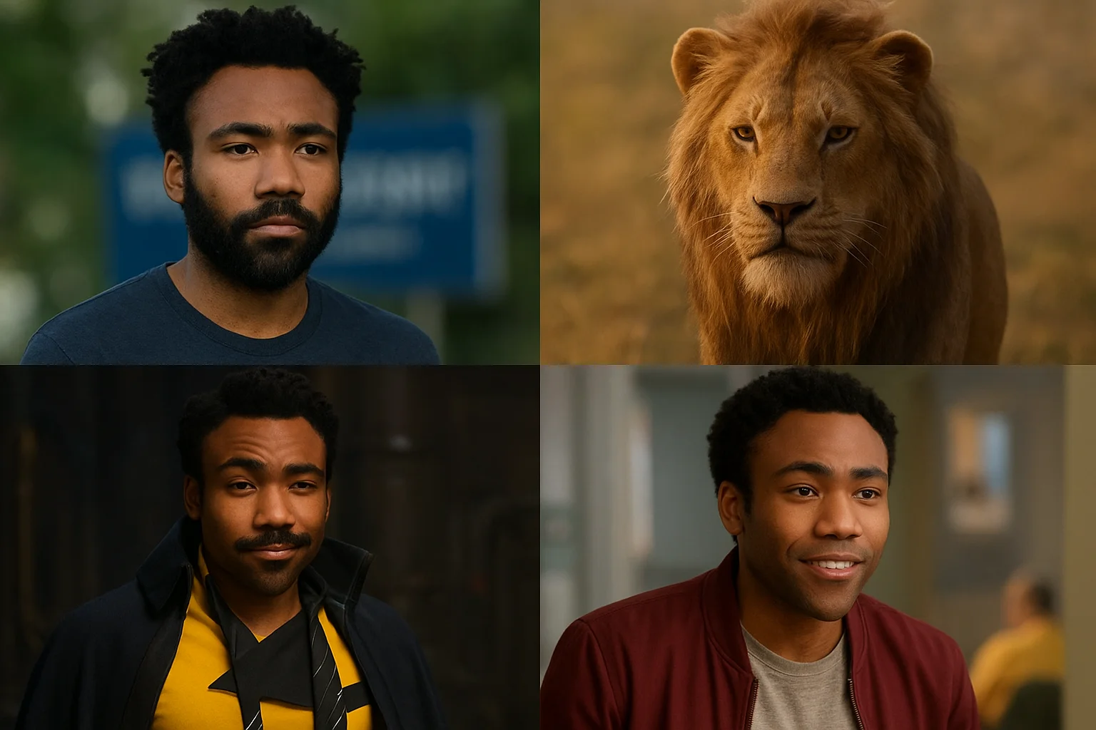 Donald Glover shown in various iconic roles, from heroic to complex characters, illustrating his range across film and television.