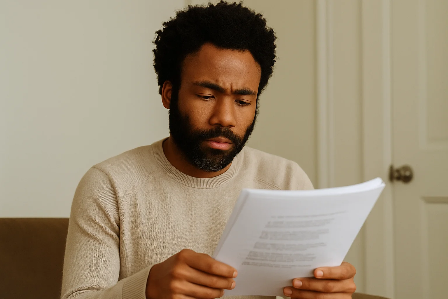 Donald Glover reading a script while seated indoors, wearing a beige sweater and looking focused.
