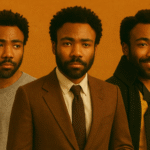 Three portraits of Donald Glover side by side, each representing different stages of his career, set against a warm orange background.