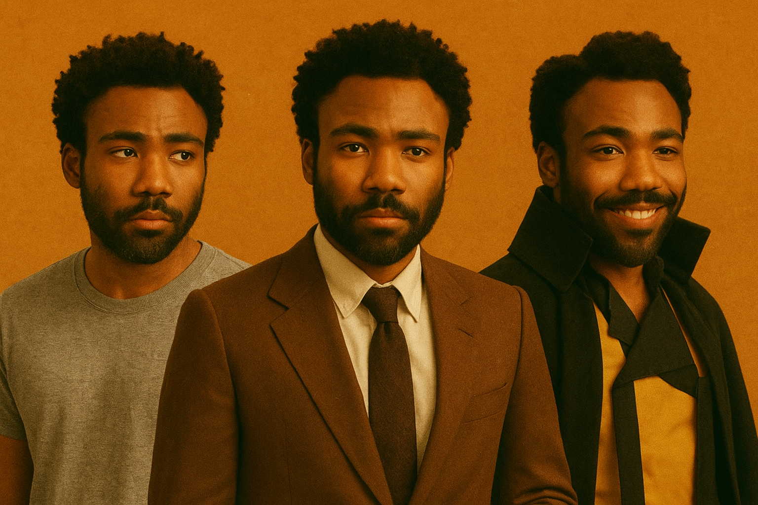 Three portraits of Donald Glover side by side, each representing different stages of his career, set against a warm orange background.