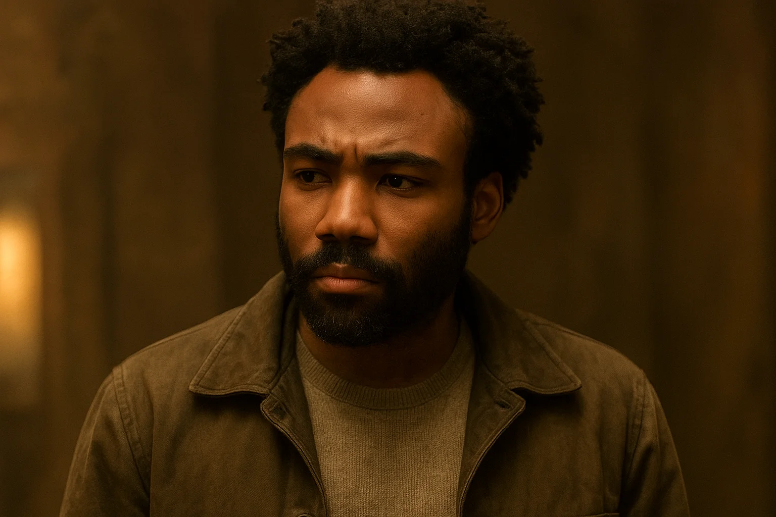 Donald Glover in a brown jacket and sweater, looking serious in a dimly lit scene.