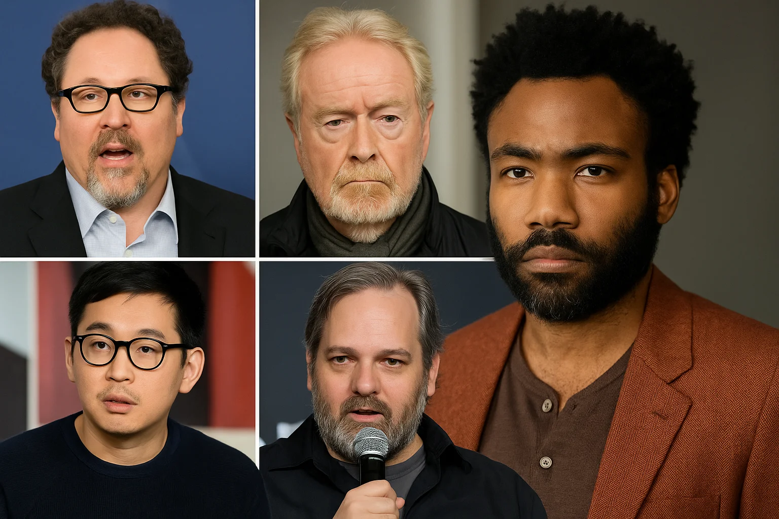 Donald Glover alongside renowned filmmakers who have directed him in various projects, symbolizing the creative collaborations that shaped his career.