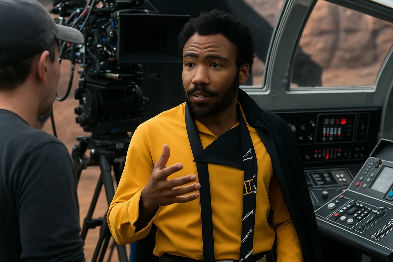 Donald Glover on the set of a sci-fi film, wearing a yellow costume and discussing a scene with the director.