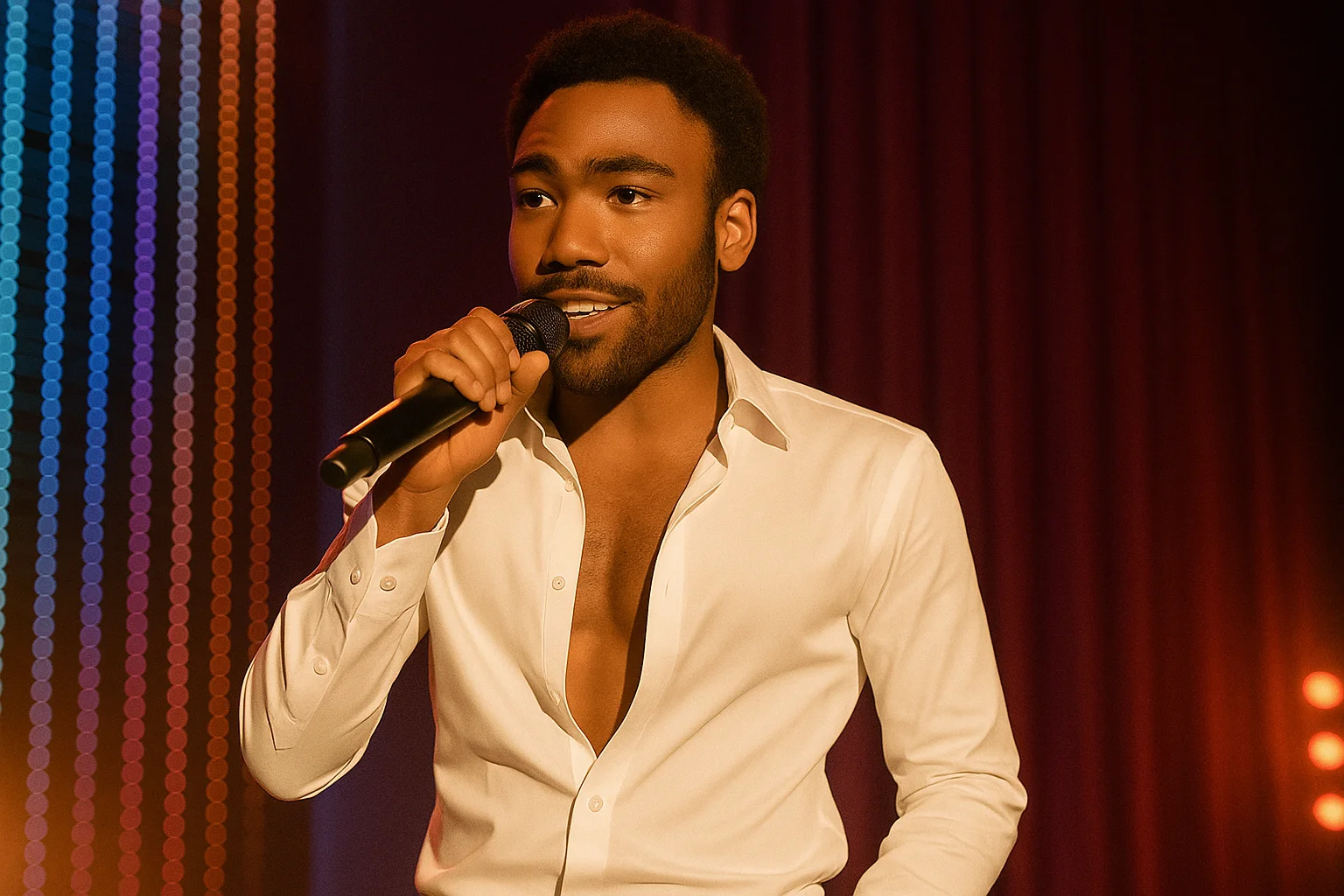 Donald Glover performing on stage in a white shirt, holding a microphone during a musical scene.