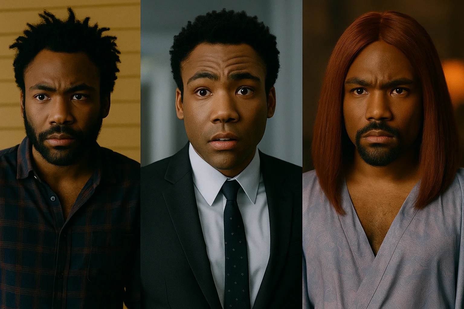 Donald Glover in three different looks, showcasing his versatility in portraying diverse characters across various genres.