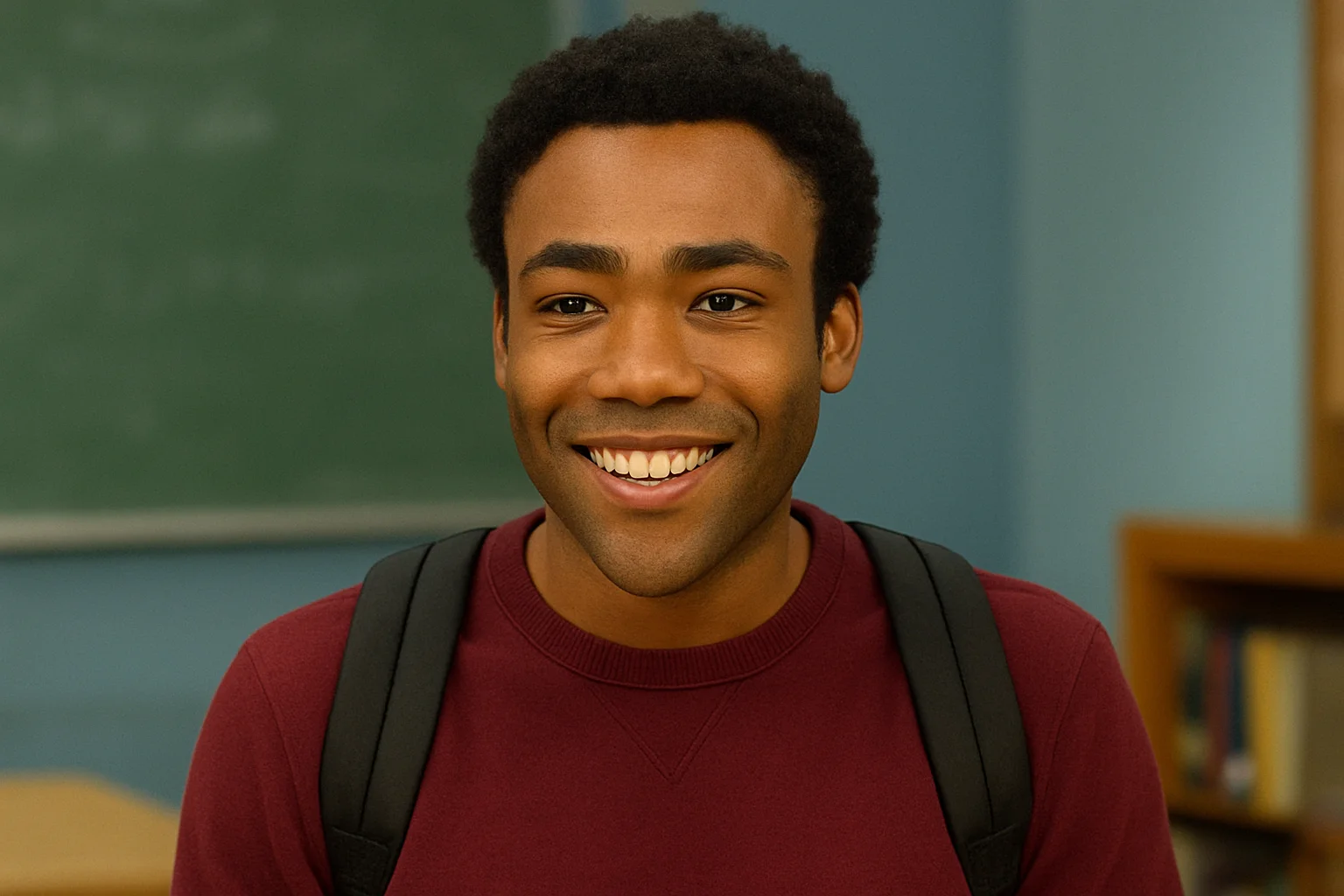 Donald Glover smiling in a classroom setting, representing his early breakout role that launched his Hollywood career.
