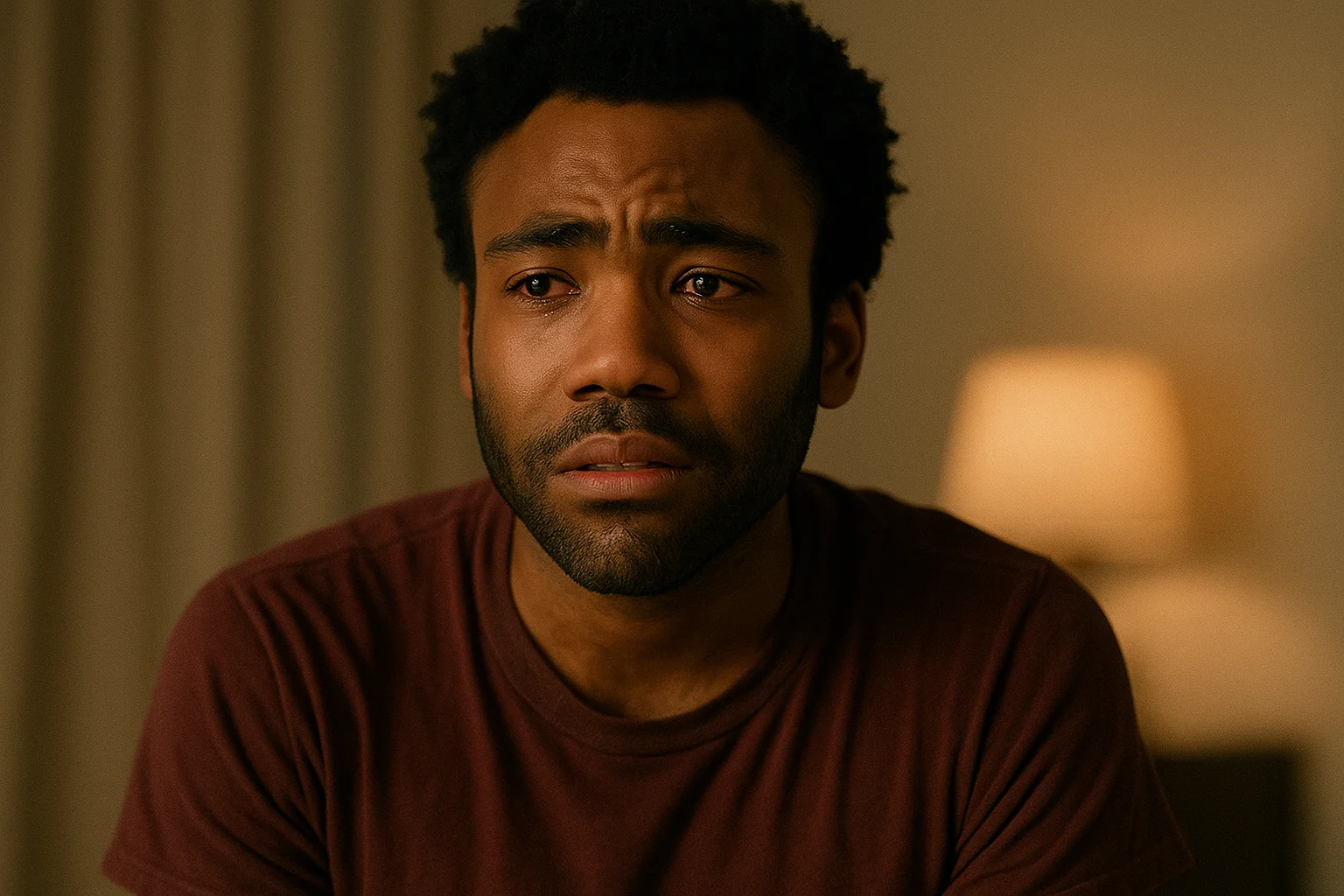 Donald Glover in an emotional scene, looking reflective and teary-eyed in a softly lit room.