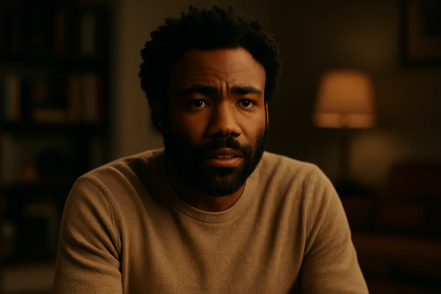 Donald Glover sitting on a park bench, appearing thoughtful and introspective in a calm outdoor setting.