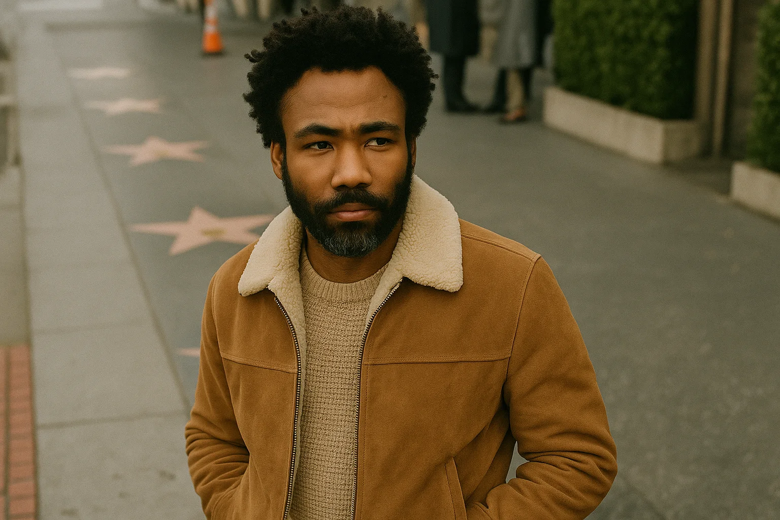 Donald Glover walking along the Hollywood Walk of Fame in a tan jacket, symbolizing his lasting mark on the entertainment industry.