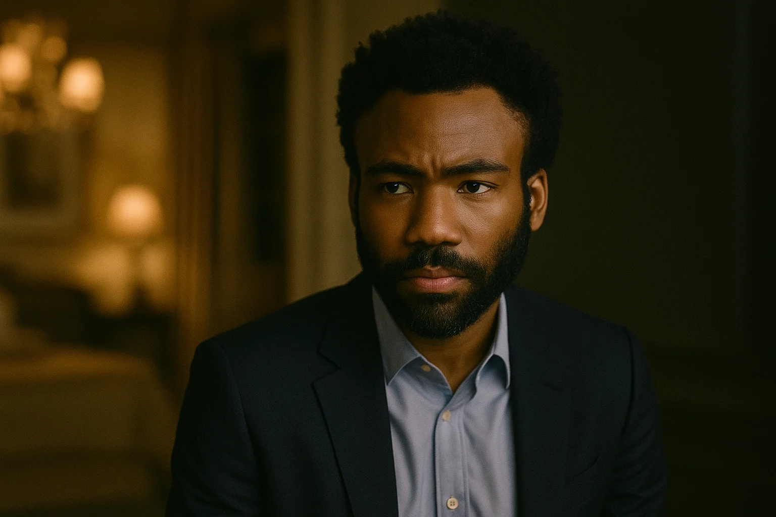 Donald Glover dressed formally, looking thoughtful in a dramatic indoor scene that highlights his serious acting range.