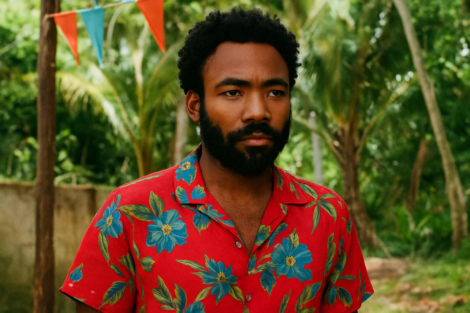 Donald Glover wearing a red floral shirt in a tropical setting, portraying a thoughtful expression in a cinematic scene.