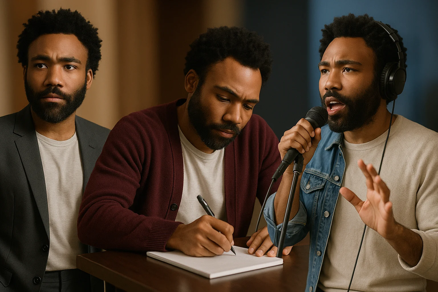 Donald Glover shown in three creative roles acting, writing, and recording representing his multifaceted career in entertainment.