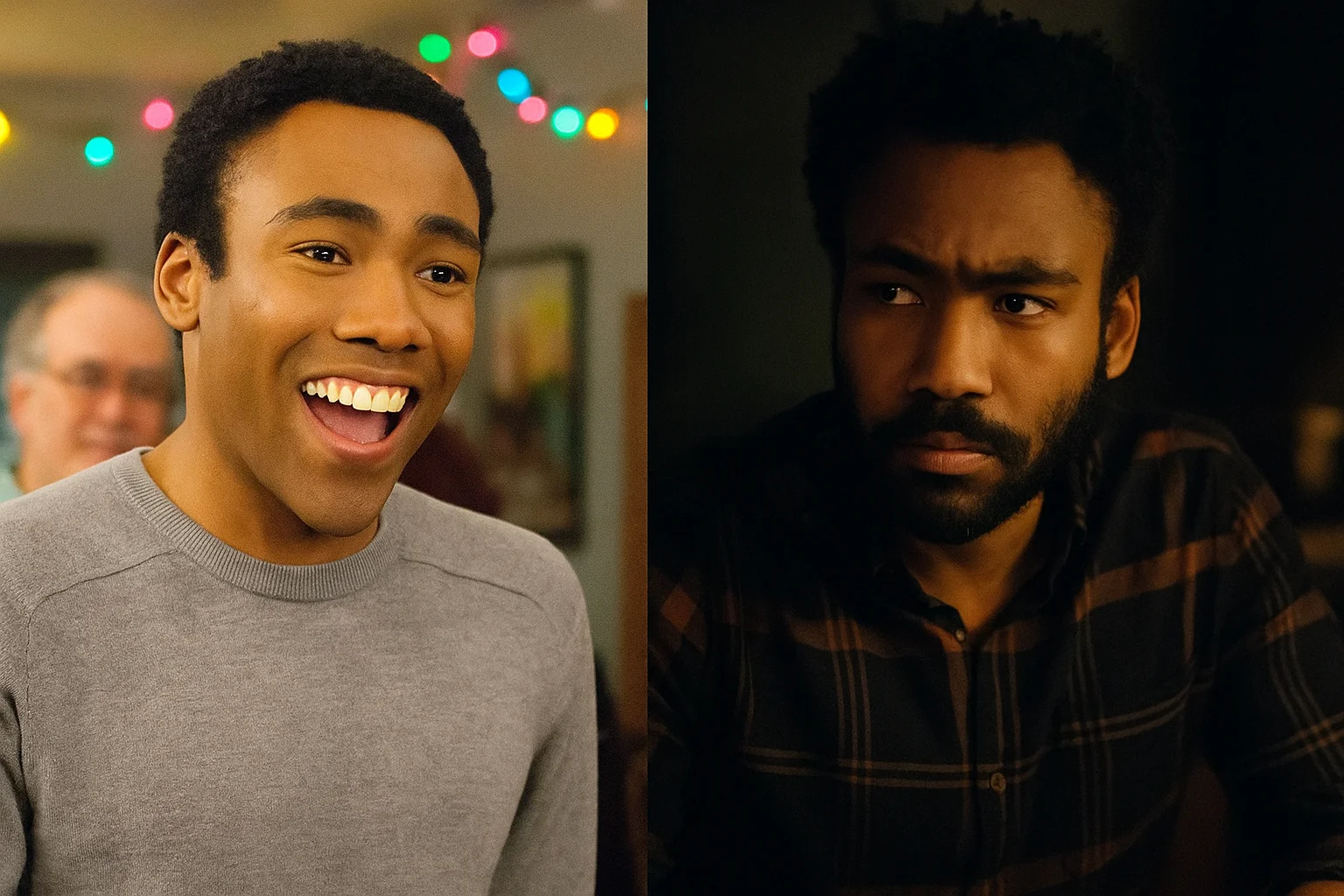 Donald Glover displaying both comedic and dramatic expressions, highlighting his versatility as an actor in different genres.