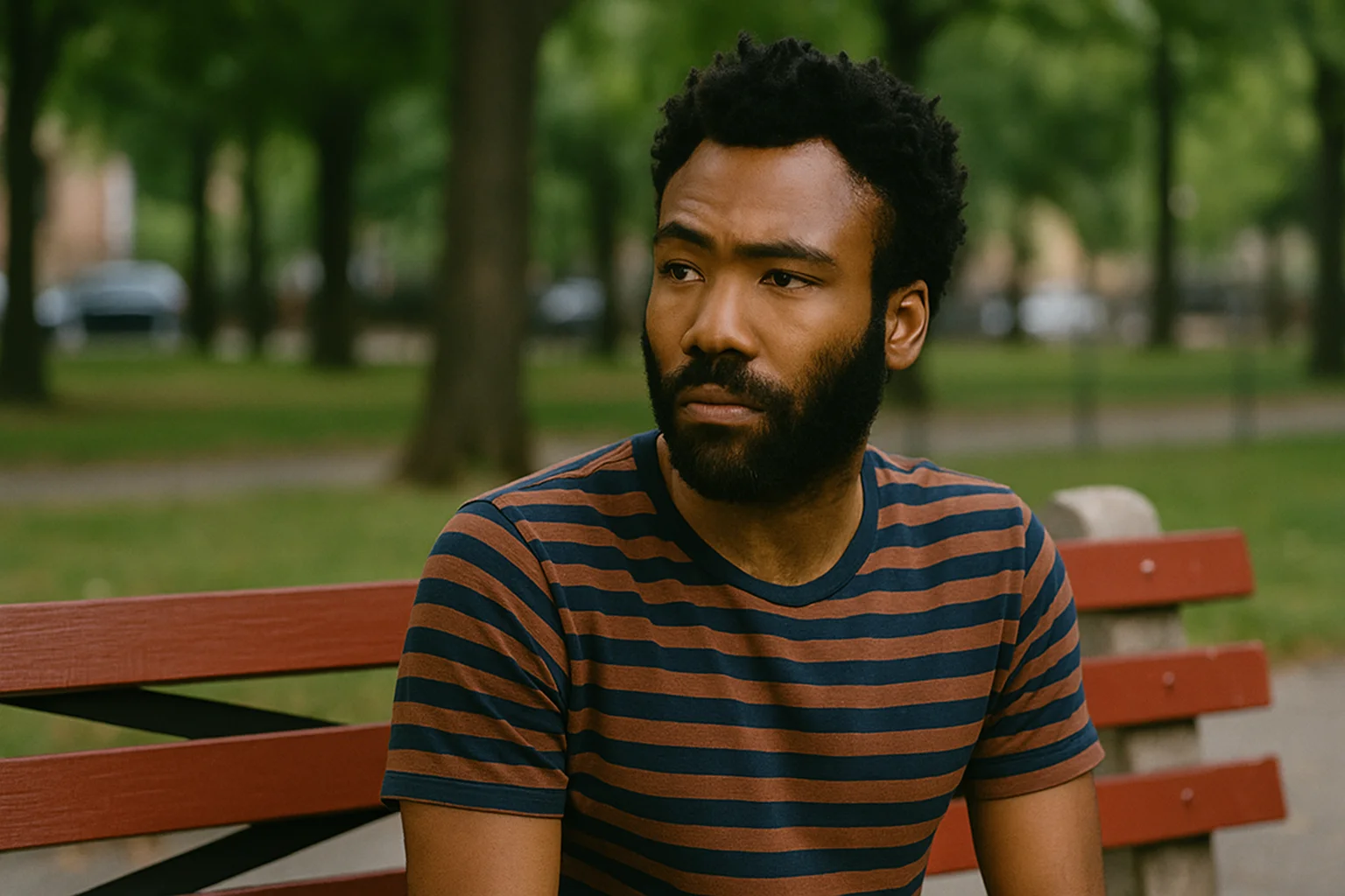 Donald Glover sitting on a park bench, appearing thoughtful and introspective in a calm outdoor setting.
