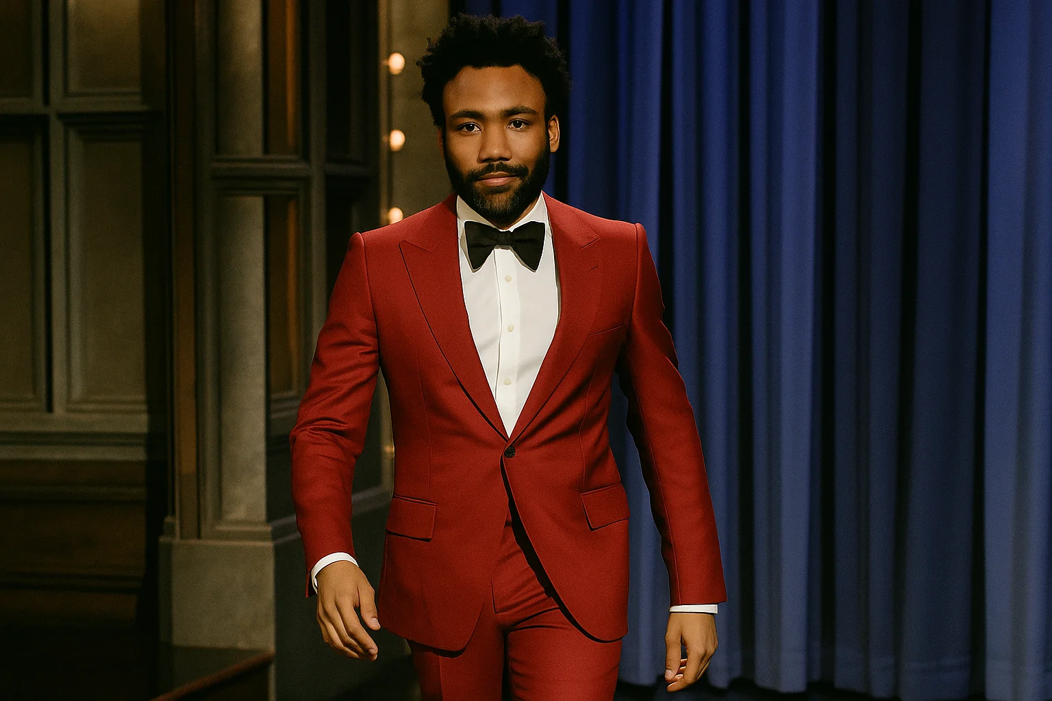 Donald Glover walking confidently in a red suit and black bow tie on a stage, symbolizing his bold and stylish presence in Hollywood.