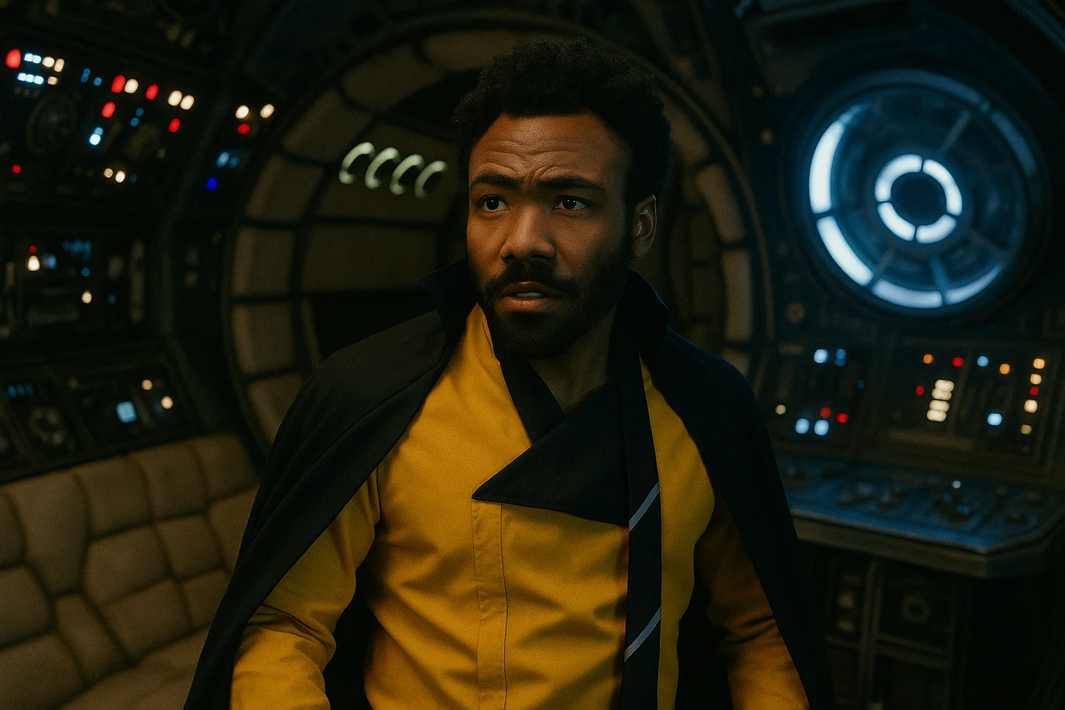 Donald Glover in a yellow and black outfit aboard a futuristic spaceship, portraying his role within the Star Wars universe.