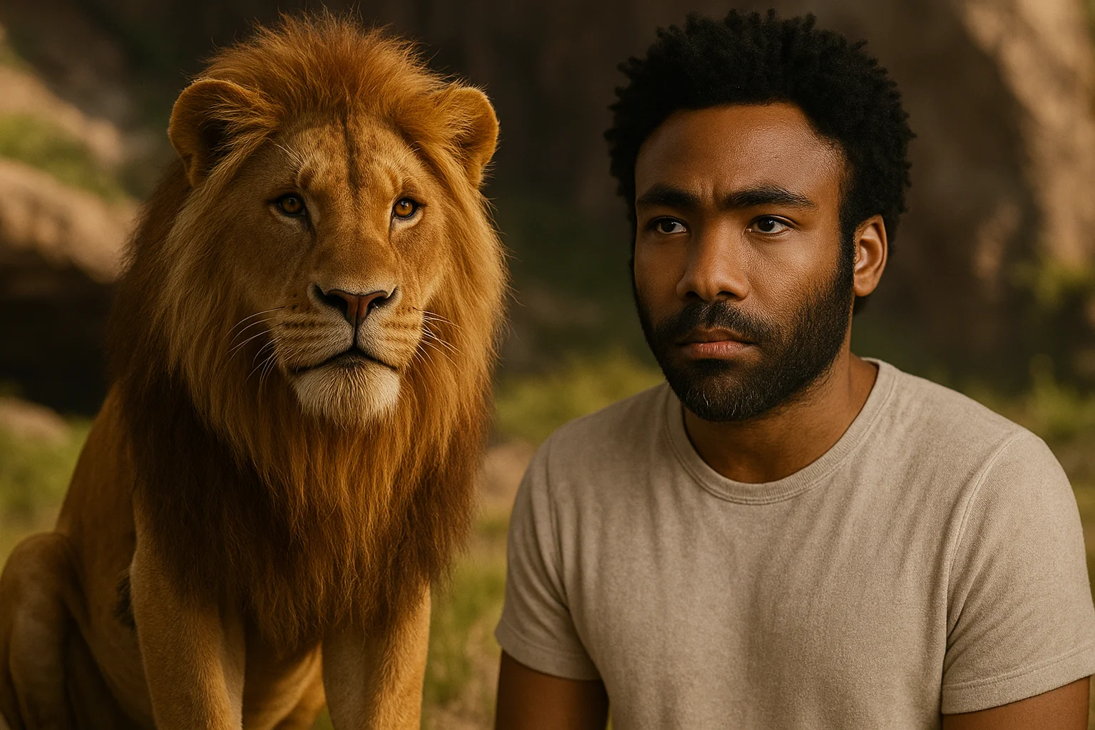 Donald Glover beside a lion, symbolizing his connection to the character Simba in the 2019 adaptation of The Lion King.