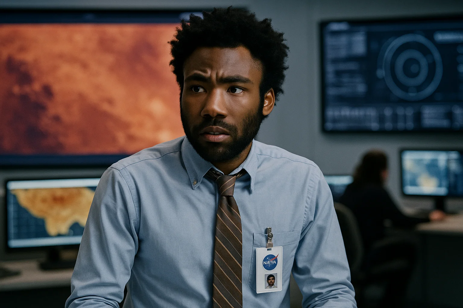 Donald Glover in an office setting with NASA identification, portraying a scientist in a science fiction thriller film.