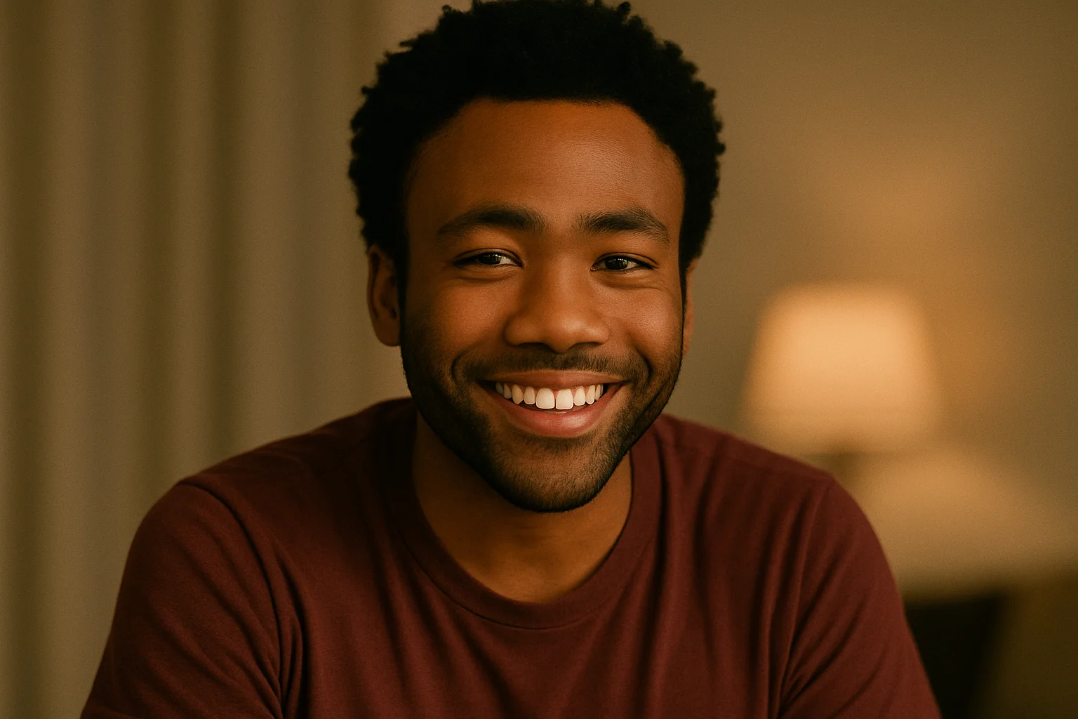 Donald Glover smiling warmly in a softly lit room, expressing his natural charm and comedic subtlety.