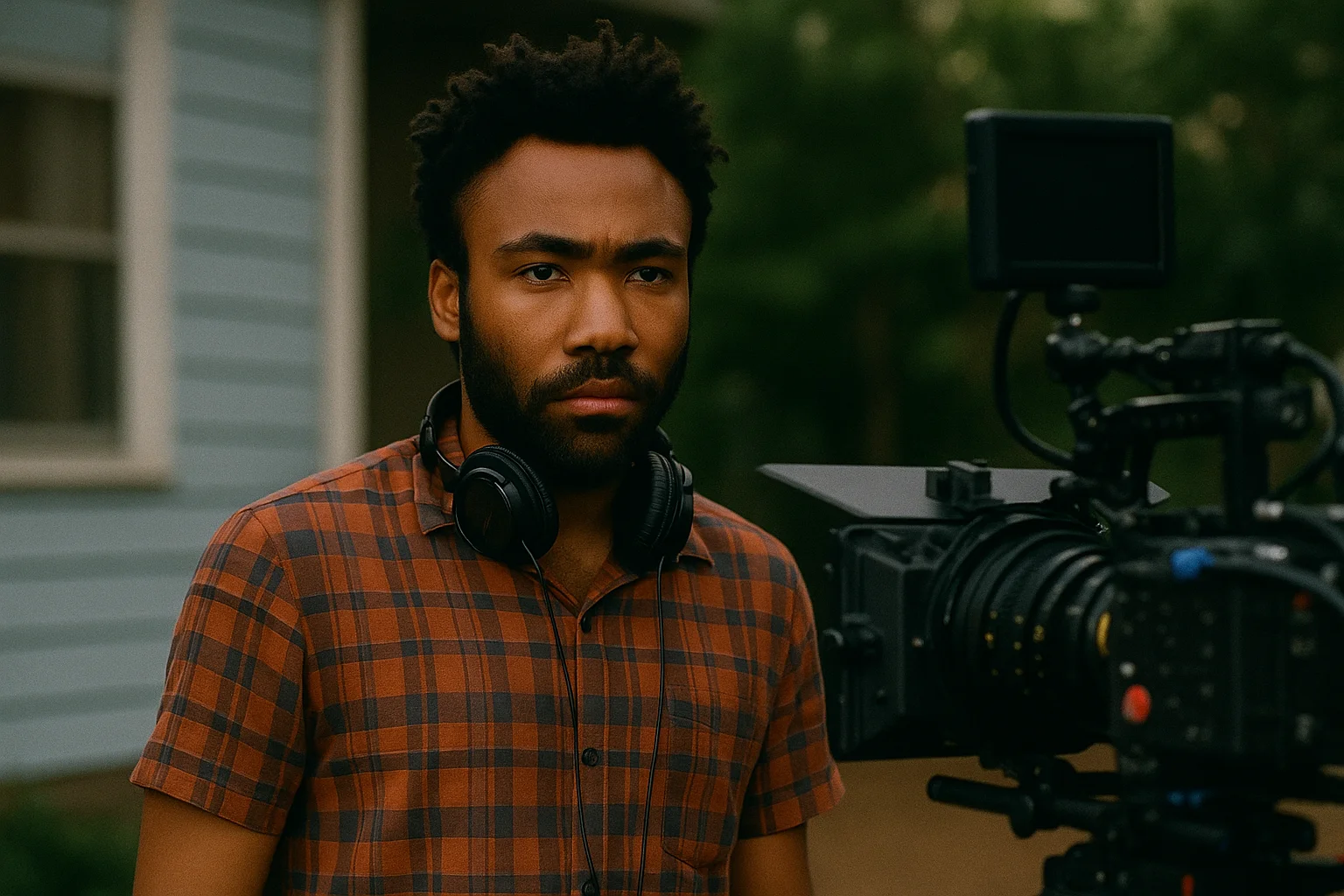 Donald Glover on the set of Atlanta, standing behind the camera and preparing for a scene during production
