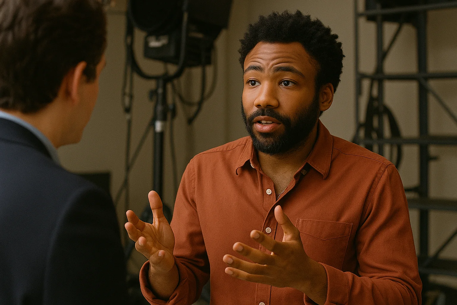 A man in a rust-colored shirt gestures expressively while speaking to another person in a studio setting.