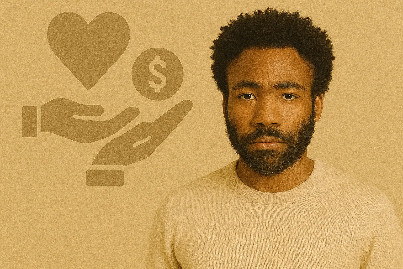Portrait of a man with donation-themed icons in the background, including a heart, a coin, and two hands exchanging them.