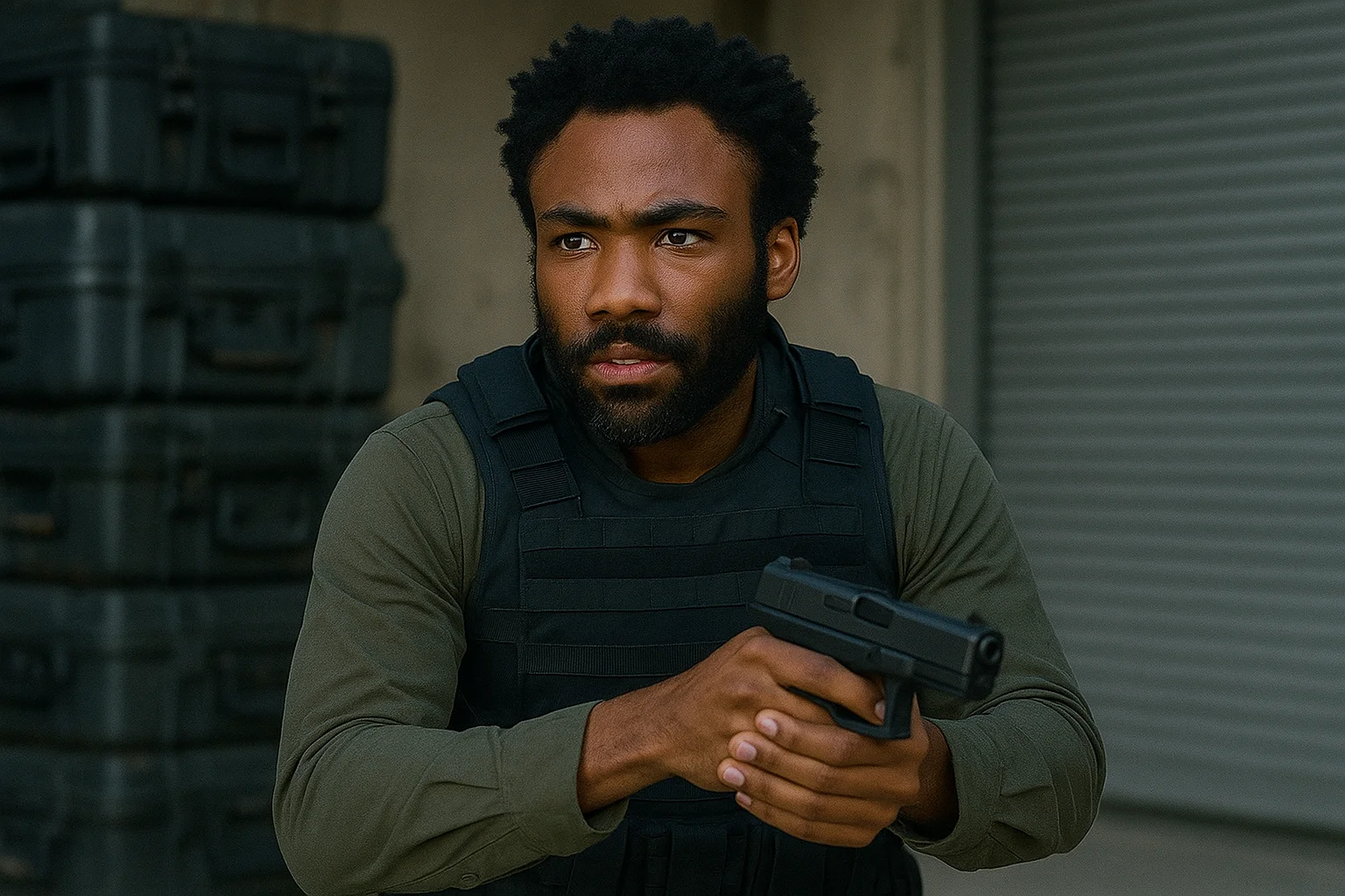 Donald Glover in tactical gear holding a handgun, portraying a determined action role with intense focus.