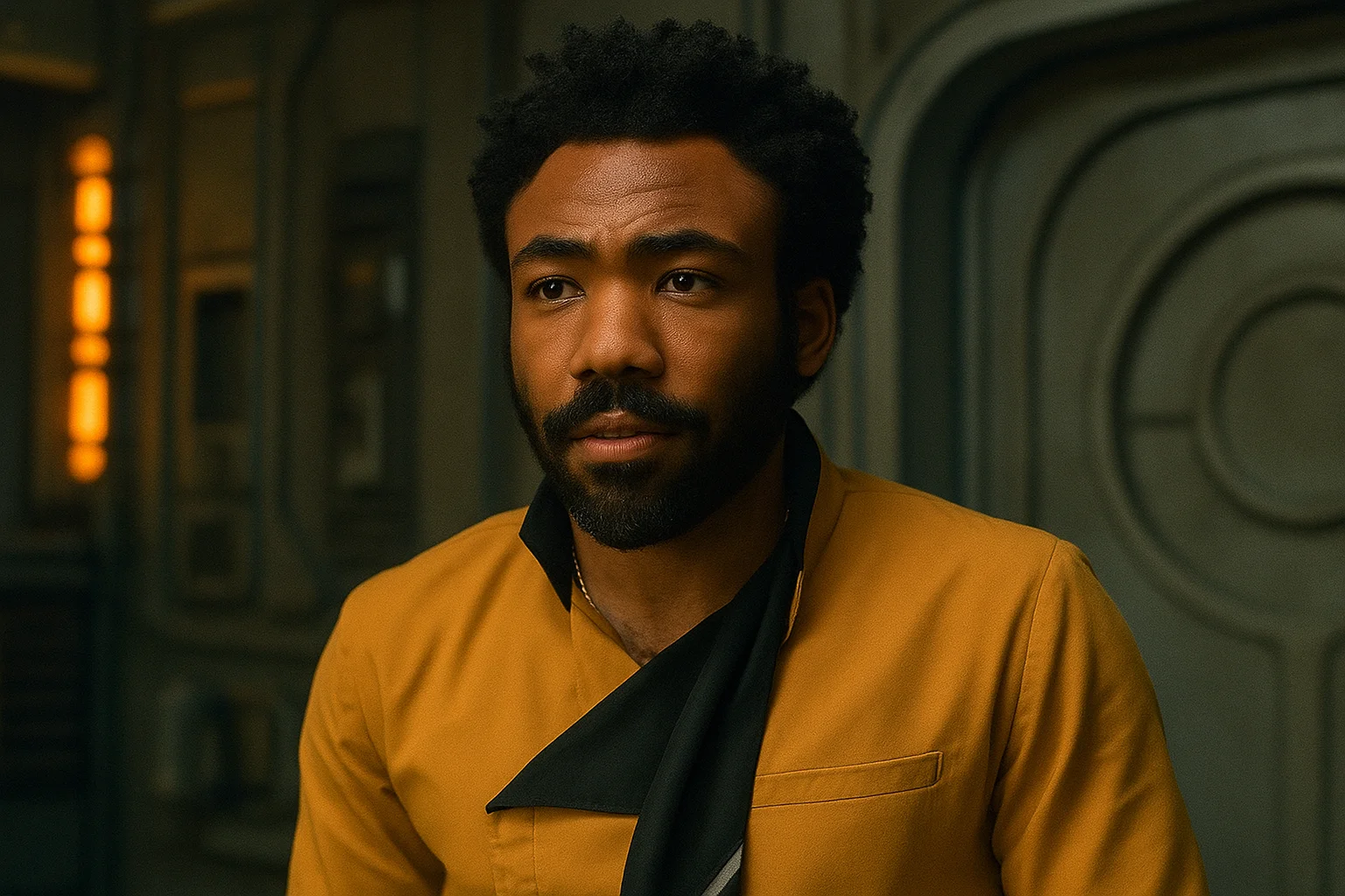 Donald Glover in a futuristic setting wearing a gold and black outfit, portraying a charismatic sci-fi character.