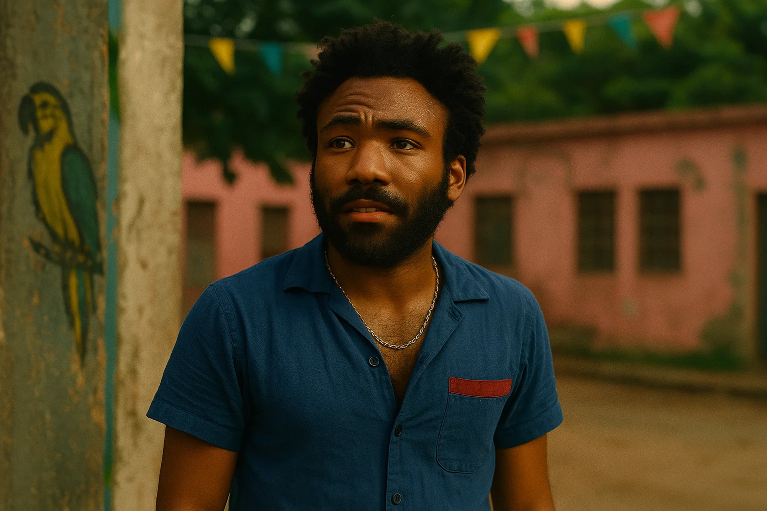 Donald Glover standing outdoors in a blue shirt on a vibrant island setting, portraying his character from Guava Island.