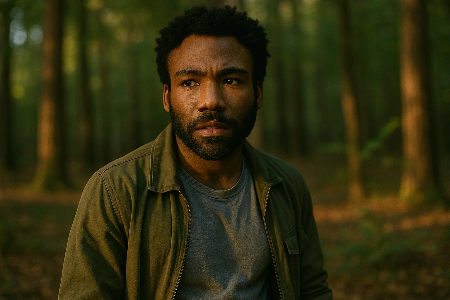 A man with a thoughtful expression stands in a forest, wearing a green jacket and gray shirt, as sunlight filters through the trees.