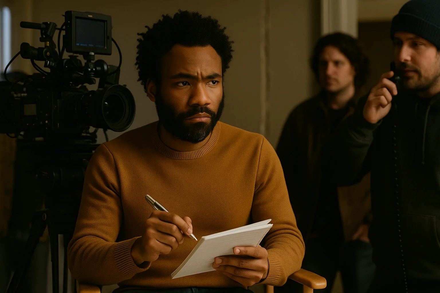 Donald Glover on a film set, holding a notepad and pen while focusing on a scene beside the camera crew.