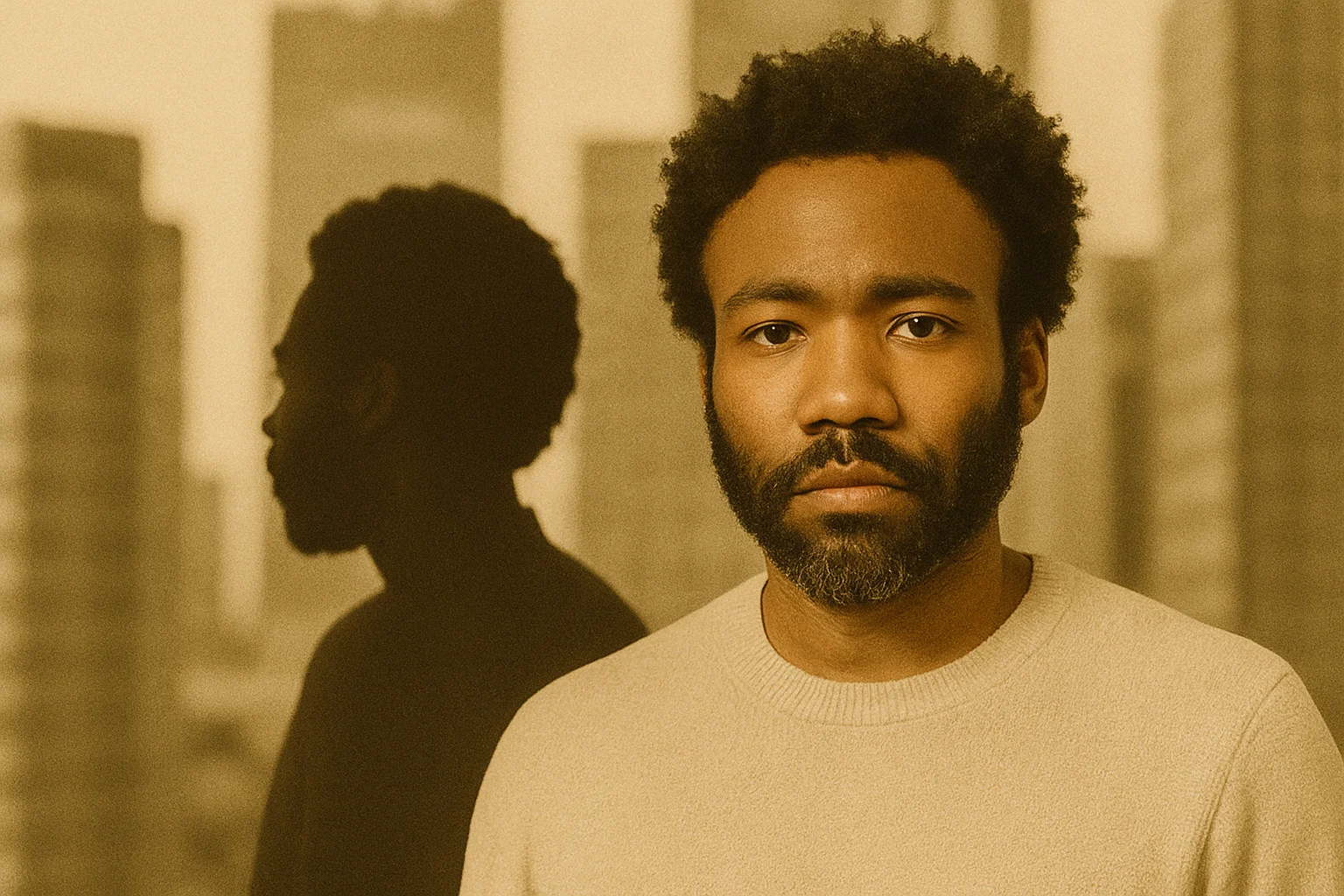 Portrait of a man standing near a reflective surface in an urban setting, showing both his face and shadowed reflection against a blurred cityscape.