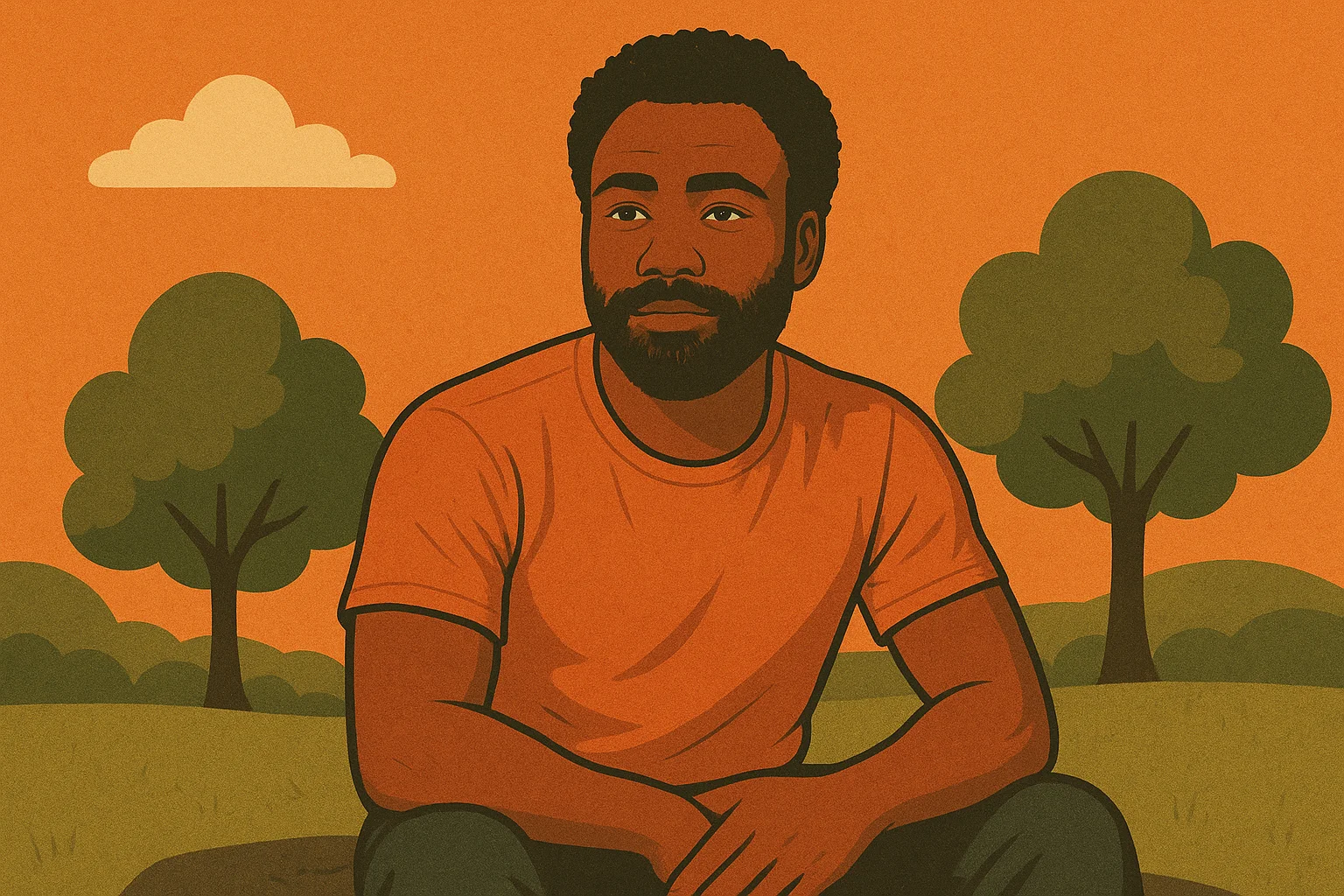 Donald Glover in a calm, reflective moment representing balance and mindfulness despite fame