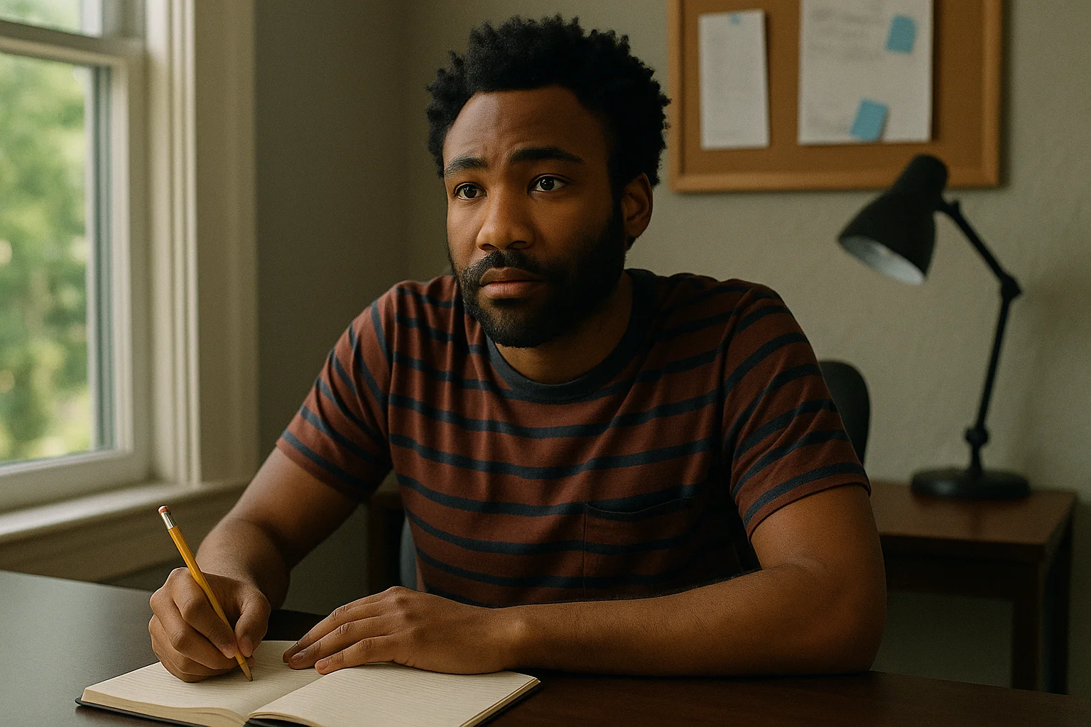 Donald Glover sitting at a desk writing in a notebook, reflecting on creative ideas for his show Atlanta