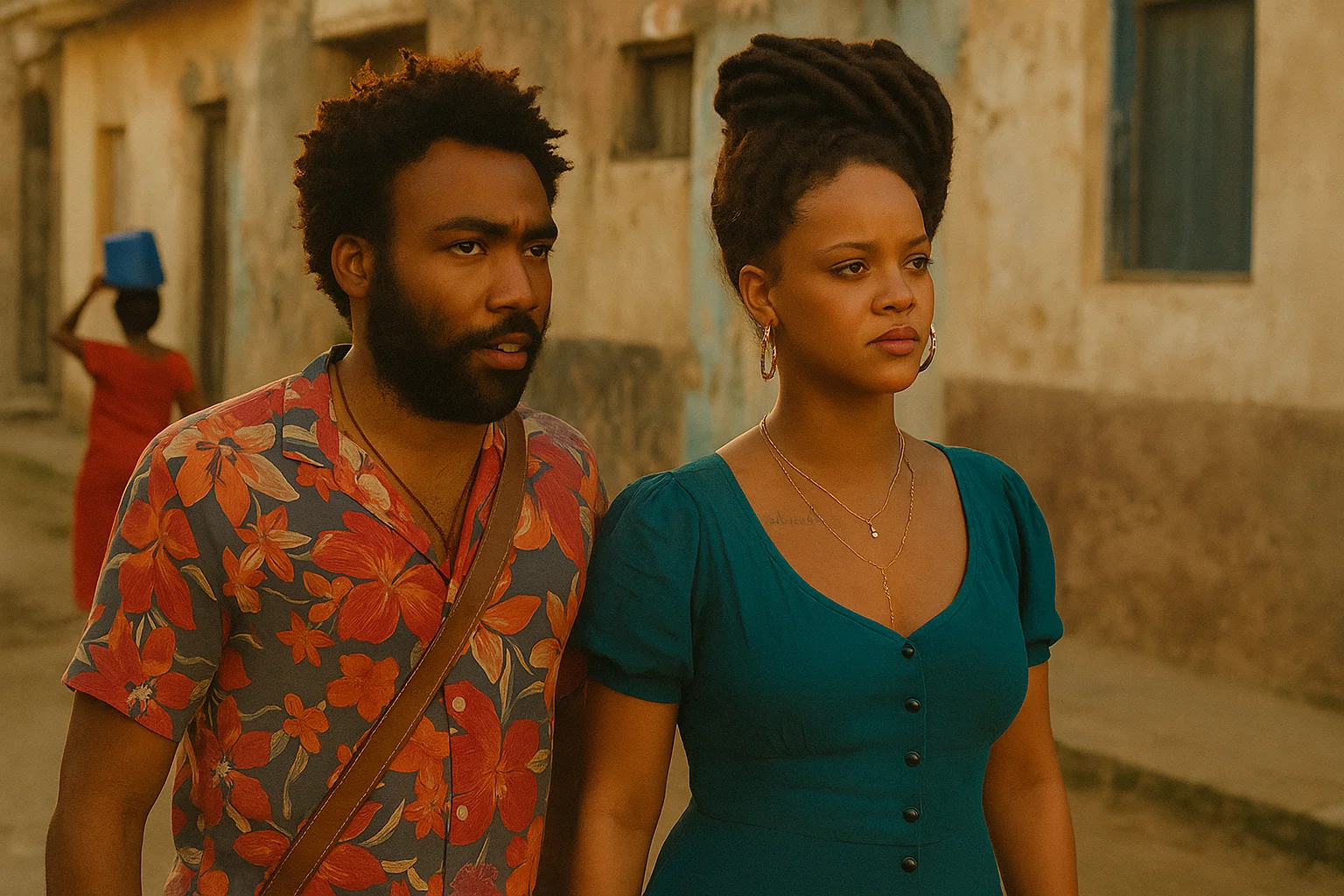 Donald Glover and Rihanna walking through a sunlit street during the filming of Guava Island.