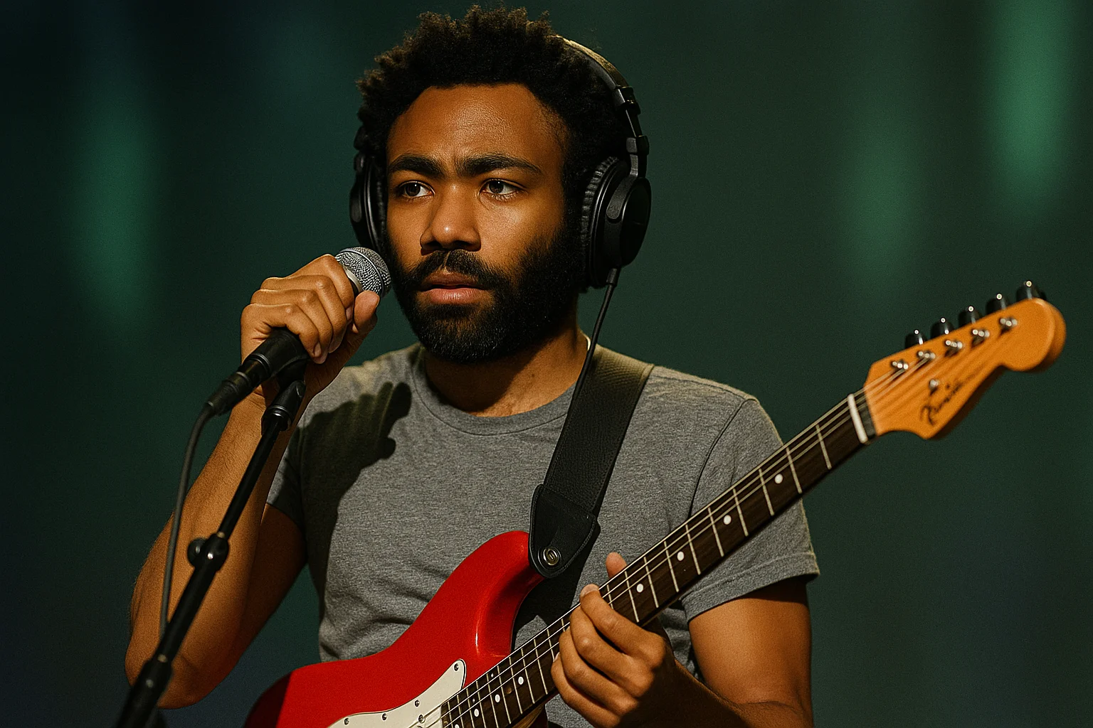 Donald Glover performing with a red electric guitar and microphone during a music session